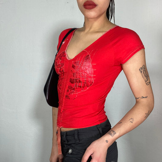 Vintage 2000's Red Shirt with Scrunching and Embroidery Details (S)