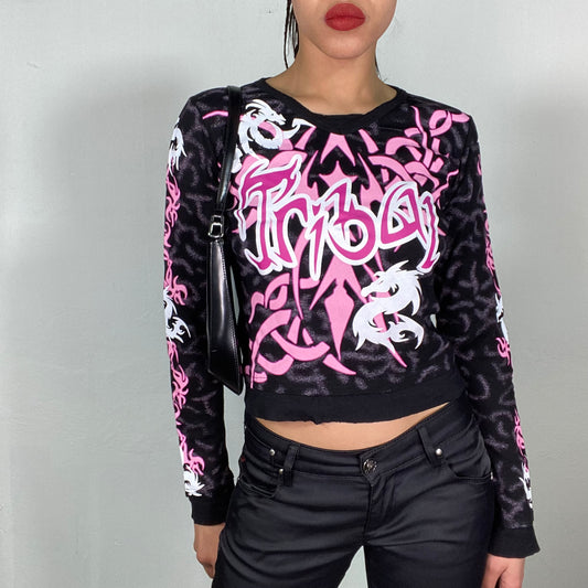 Vintage 2000's Cyber Black Longsleeve with Pink Tribal Print (S/M)