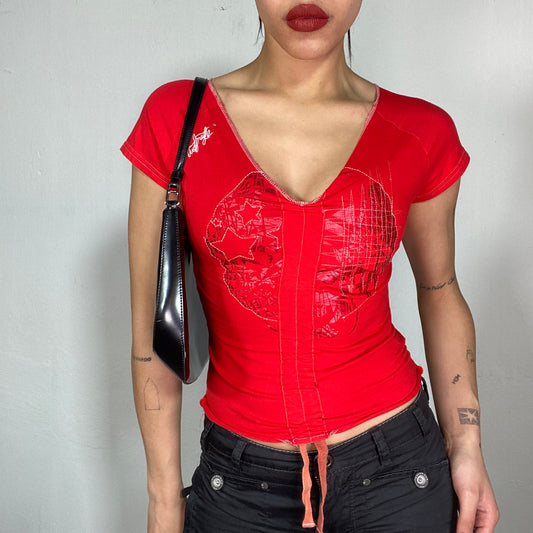 Vintage 2000's Red Shirt with Scrunching and Embroidery Details (S)