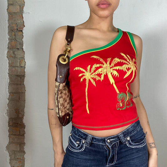 Vintage 2000's Surfer red One Shoulder Top with Yellow palm Tree Print (S)