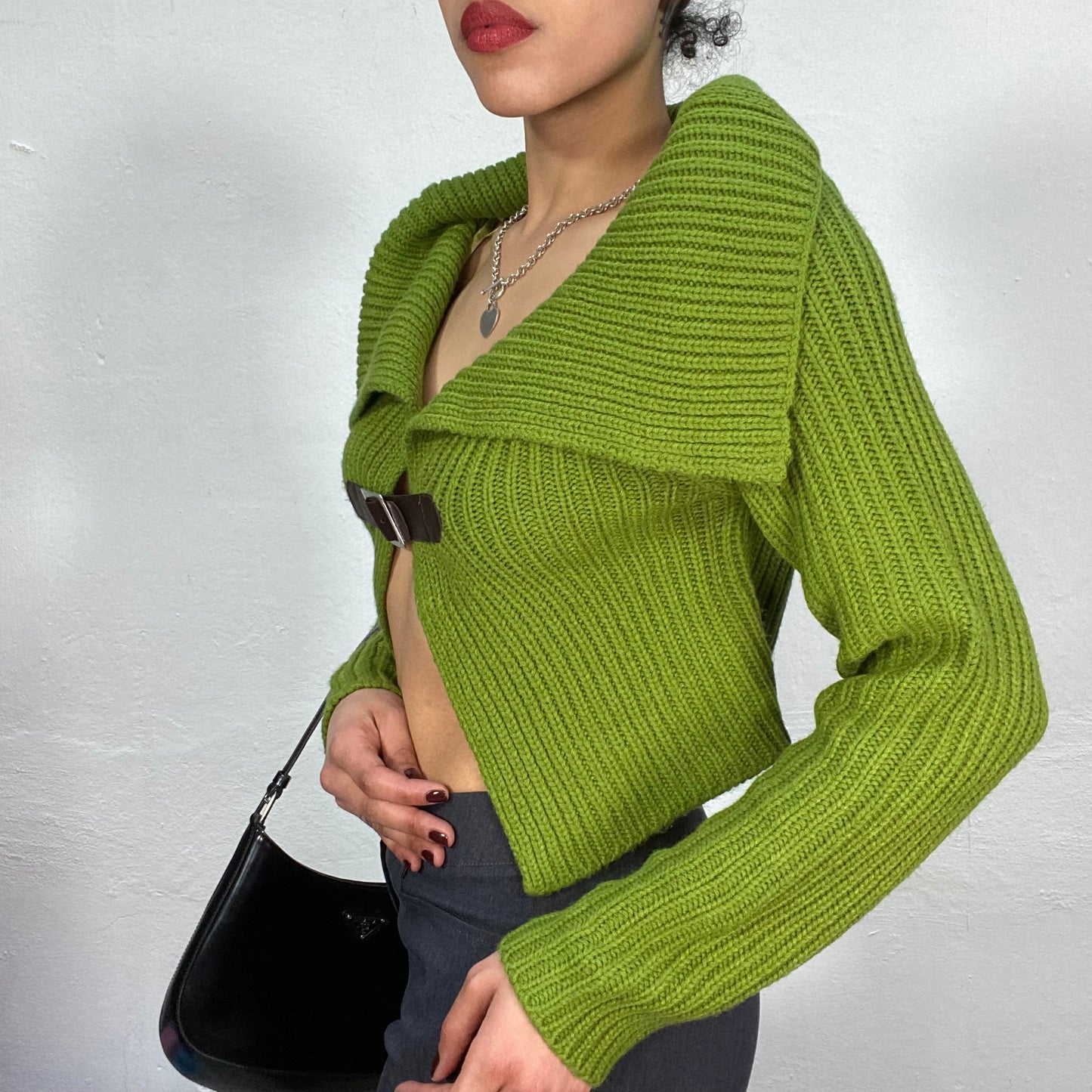 Vintage 90's Downtown Girl Green Knit Bolero with Brown Leather Buckle Detail (M)