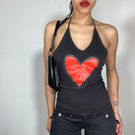 Vintage 2000's Downtown Girl Black Halter Neck Top with Red Heart Print (M)