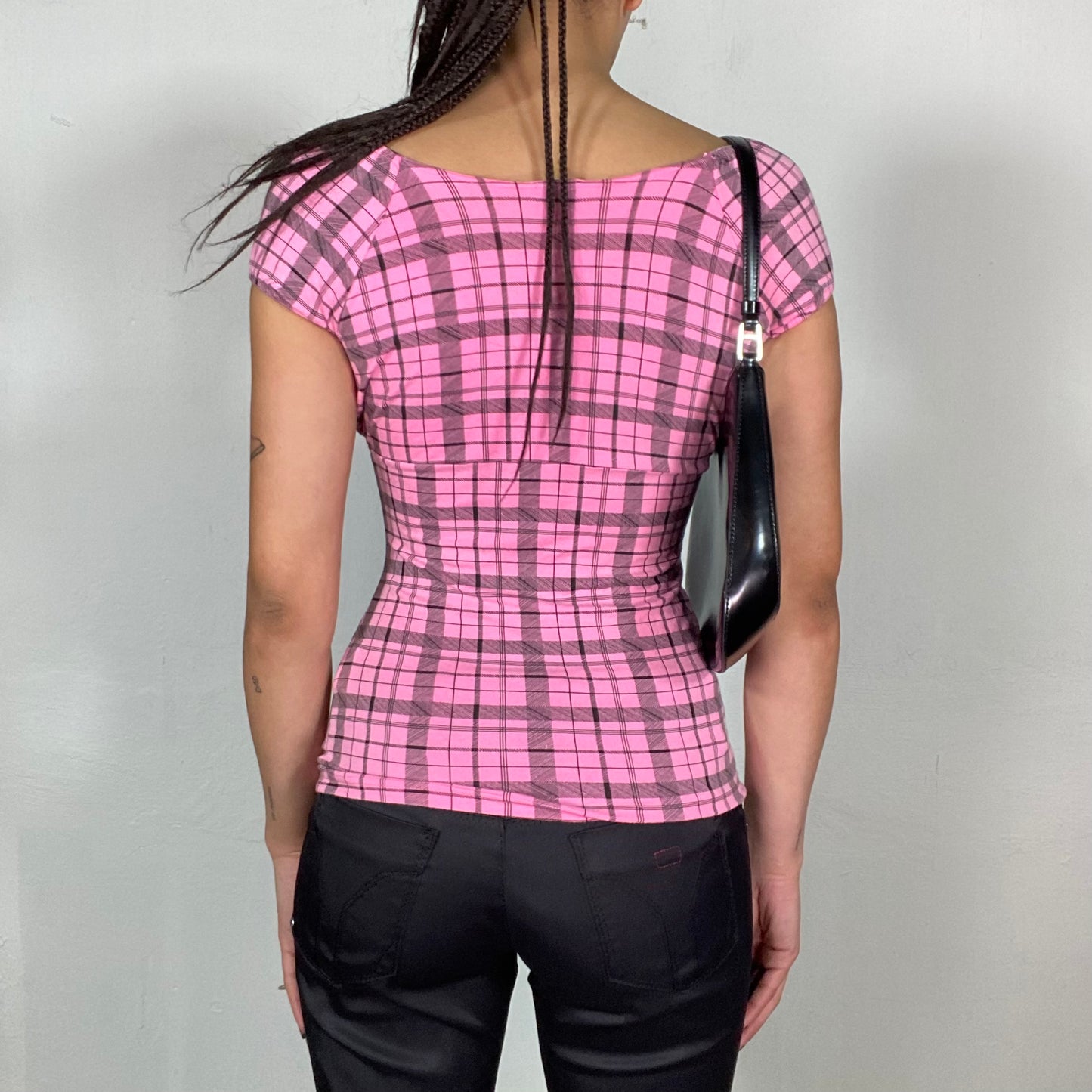 Vintage 2000's Grunge Pink Plaid Shirt with Little Bow Detail (S)