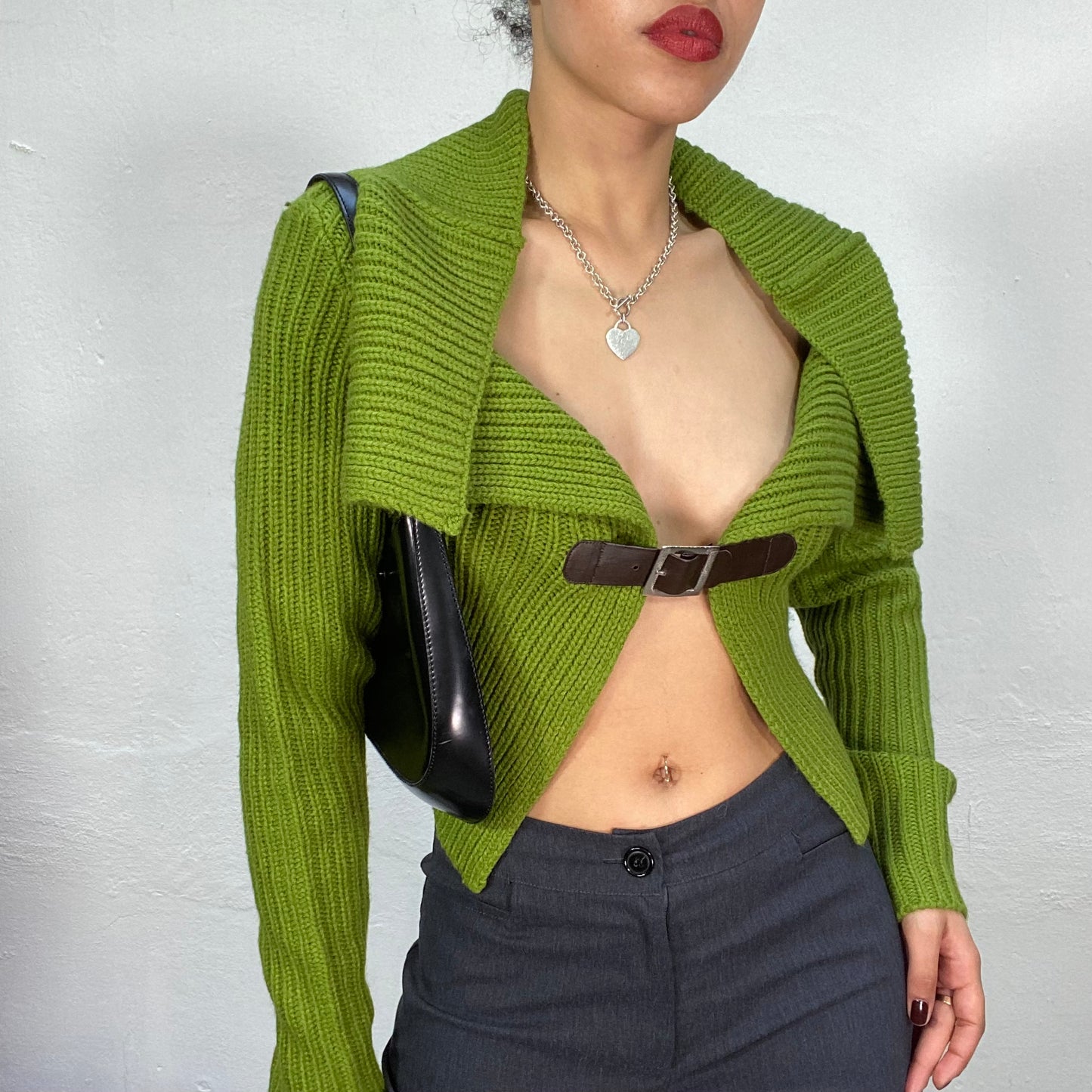 Vintage 90's Downtown Girl Green Knit Bolero with Brown Leather Buckle Detail (M)