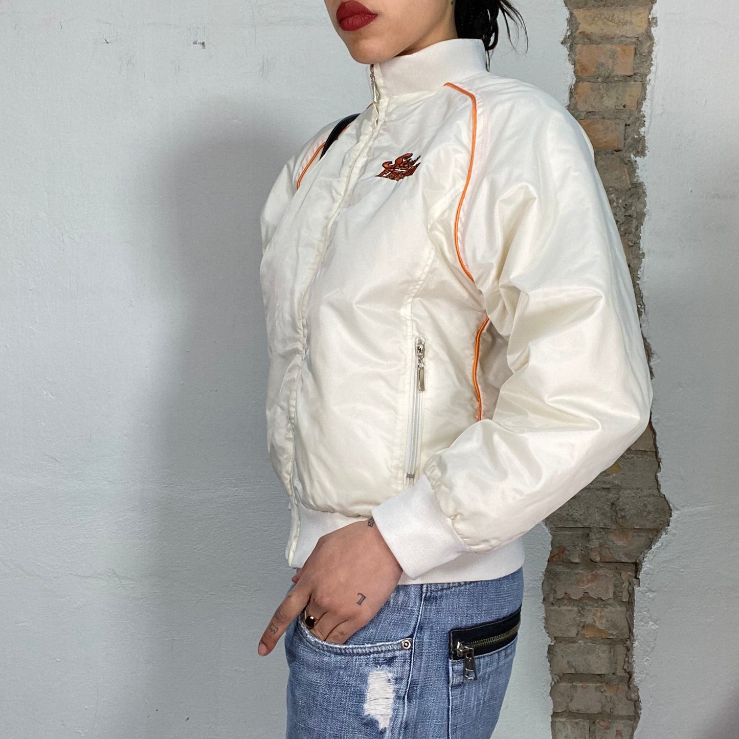 Vintage 2000's Sporty White Bomber Jacket with '75' Back Print (M)