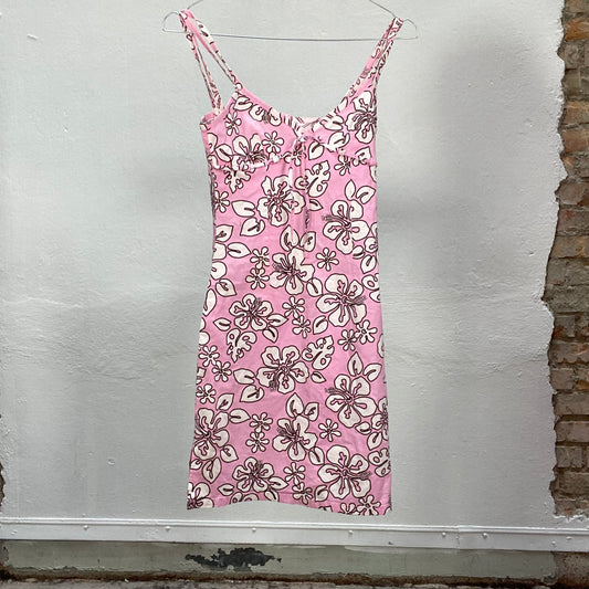 Vintage 2000's Surfer Pink Mini Dress with Hibiscus Print (XXS/XS)