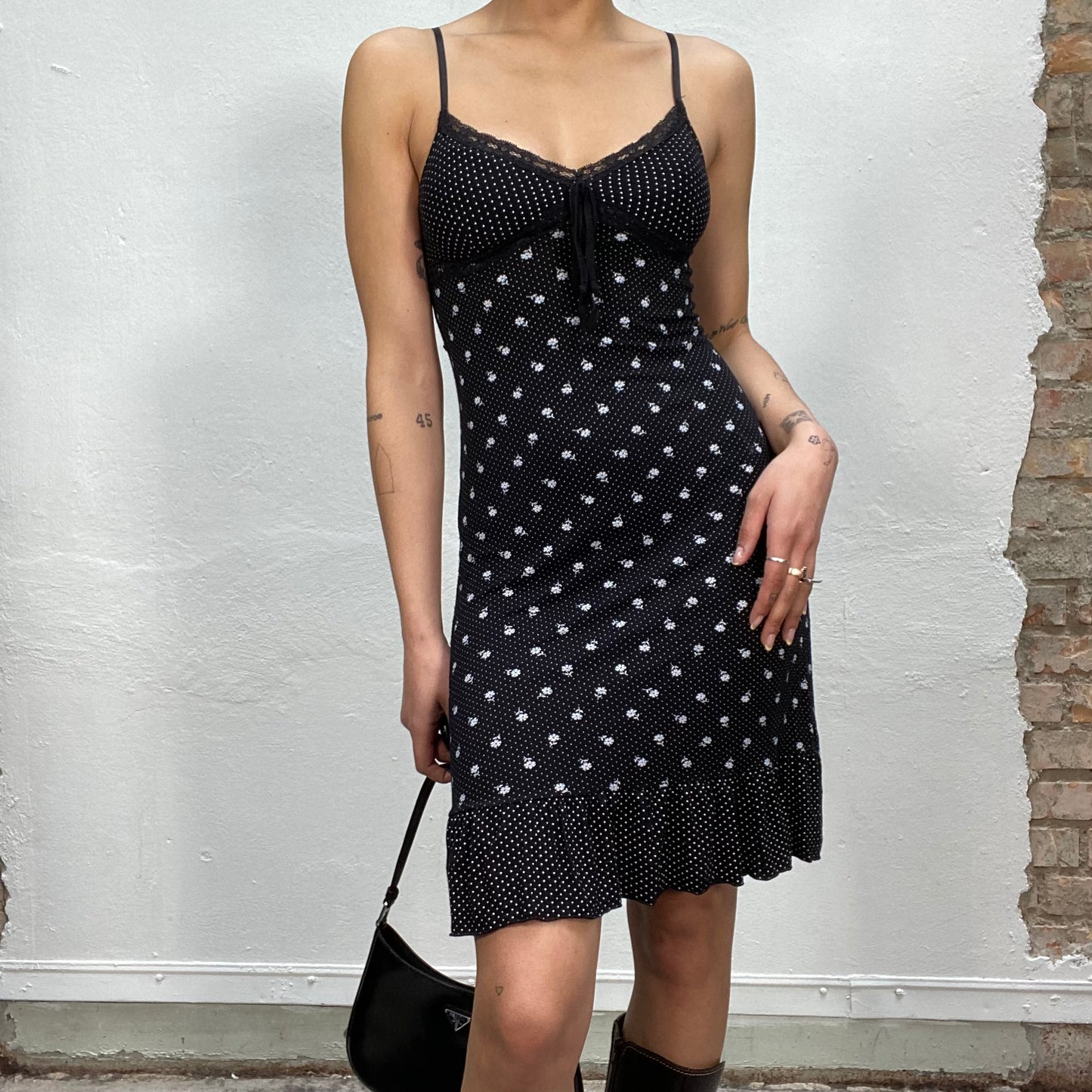 Vintage 2000's Lingerie Black Dress with Polka Dots (S)