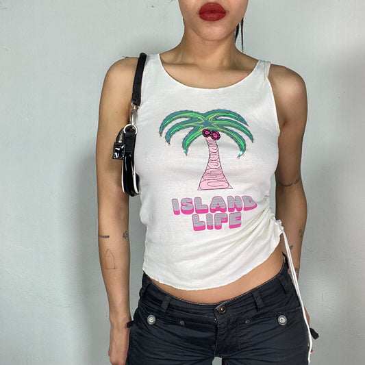 Vintage 2000's Summer White Tank Top with Palmtree and 'Island Life' Print (S)