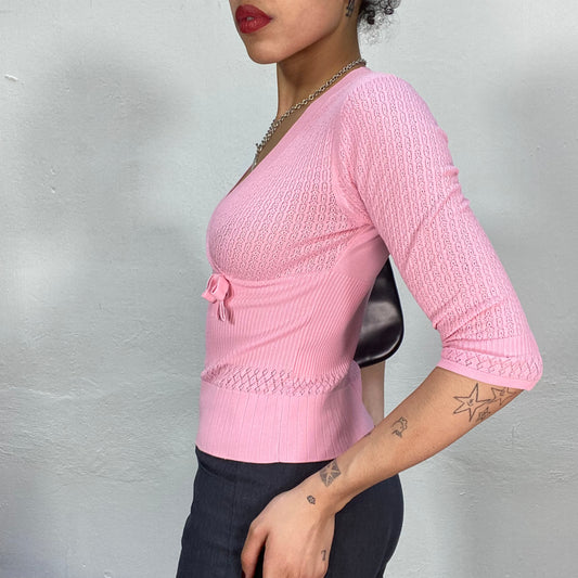 Vintage 2000's Ballet Pink V-Neck Top with Knit Pattern Details (S)