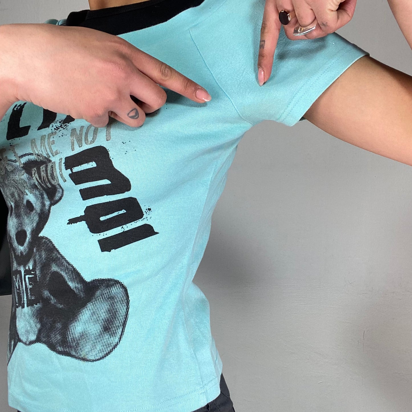 Vintage 2000's Funky Blue Shirt with Black Tank Top Underneath and Teddy Print (S)