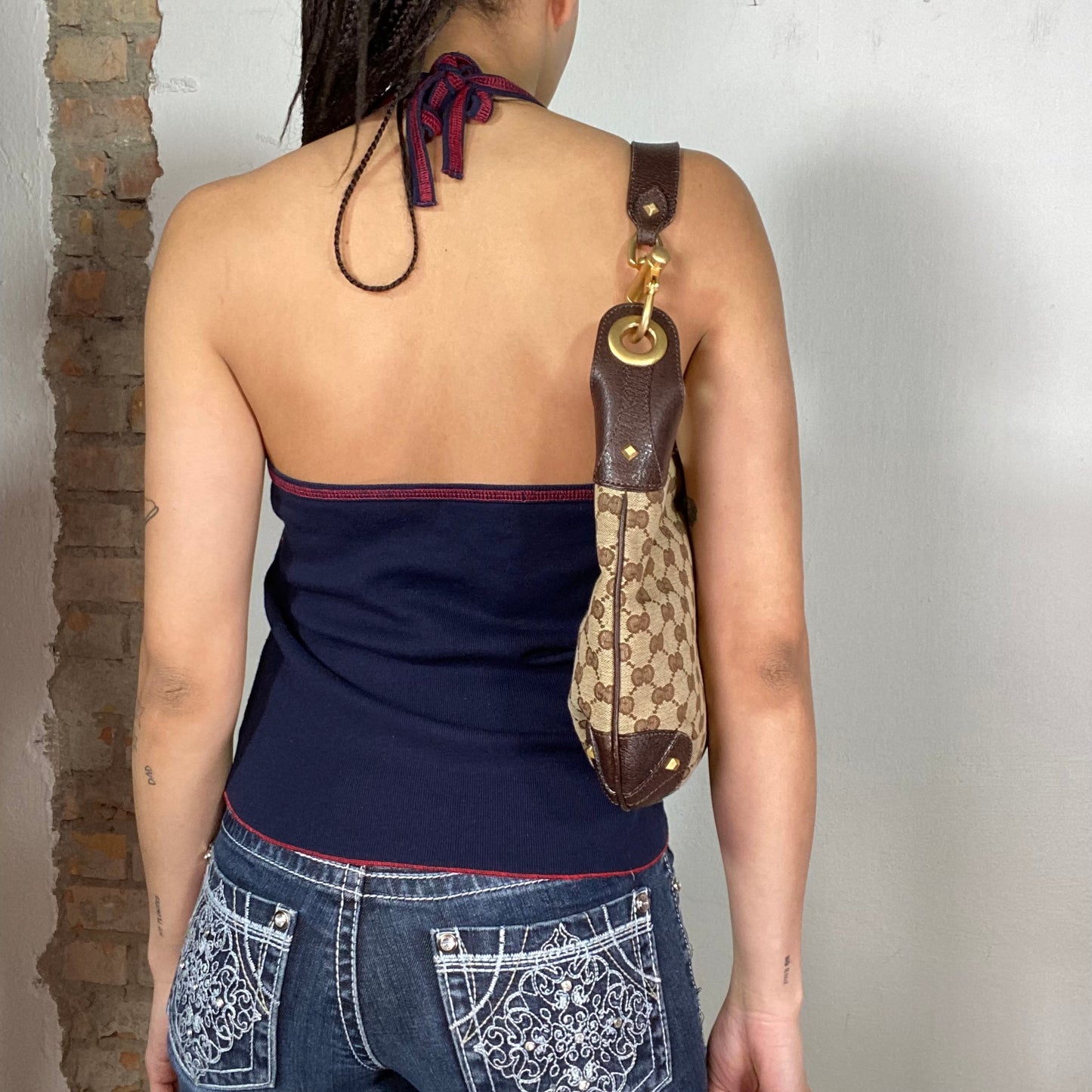 Vintage 2000's Sporty Navy Blue Halter Neck Top with 'Rica Lewis' Print (S)