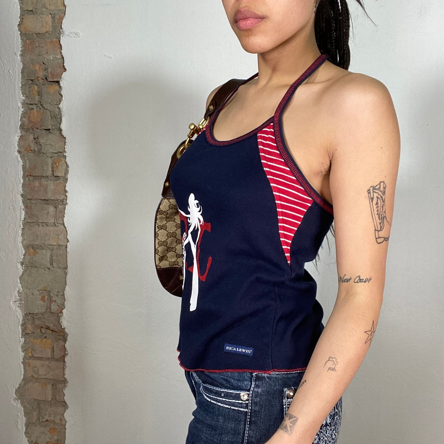 Vintage 2000's Sporty Navy Blue Halter Neck Top with 'Rica Lewis' Print (S)