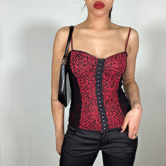 Vintage 2000's Grunge Red & Black Corset Top with Leo Print and Hook and Eye Closing (S)