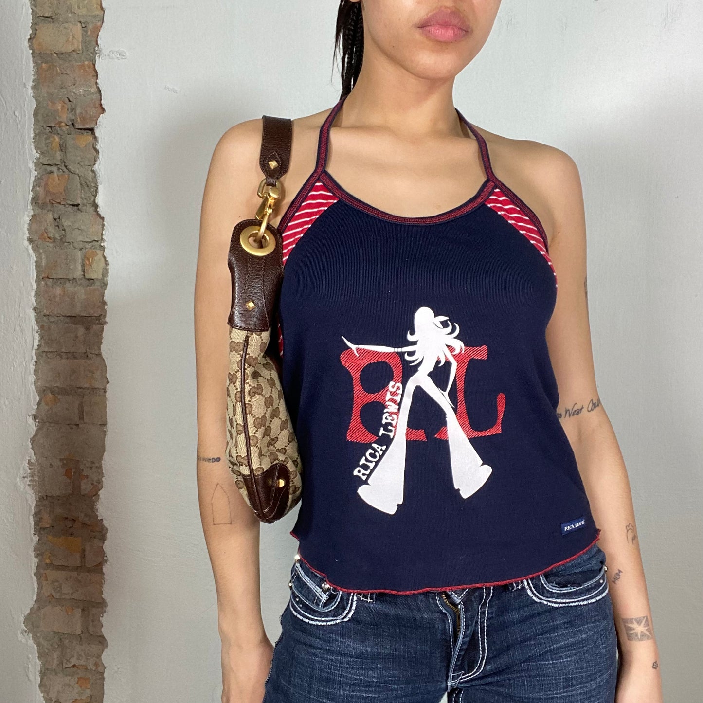 Vintage 2000's Sporty Navy Blue Halter Neck Top with 'Rica Lewis' Print (S)