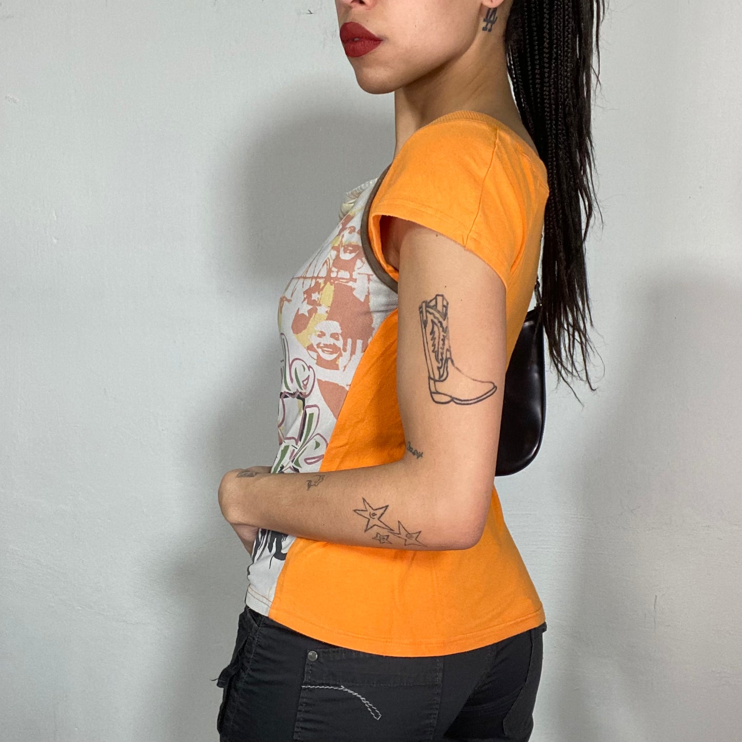 Vintage 90's Grunge White Shirt with Orange Back and Writing Print (S)