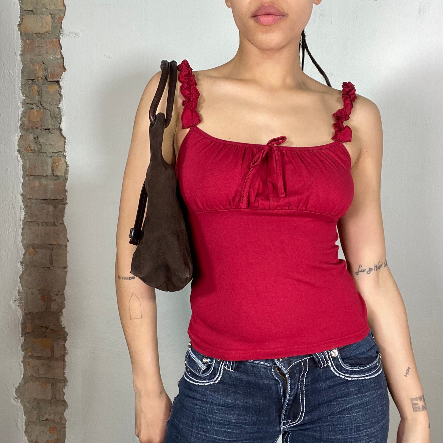 Vintage 2000's Downtown Girl Dark Red Top with Ruffle Straps and Bow (S)