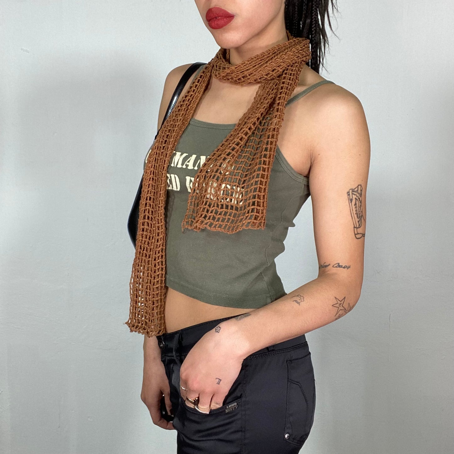 Vintage 2000's Camel Brown Crochet Skinny Scarf
