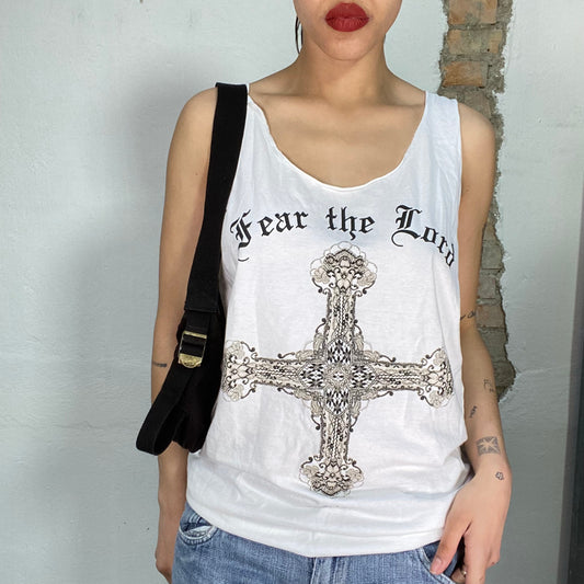 Vintage 2000's Gothic White Tank Top with Cross and 'Fear the Lord' Print (L)