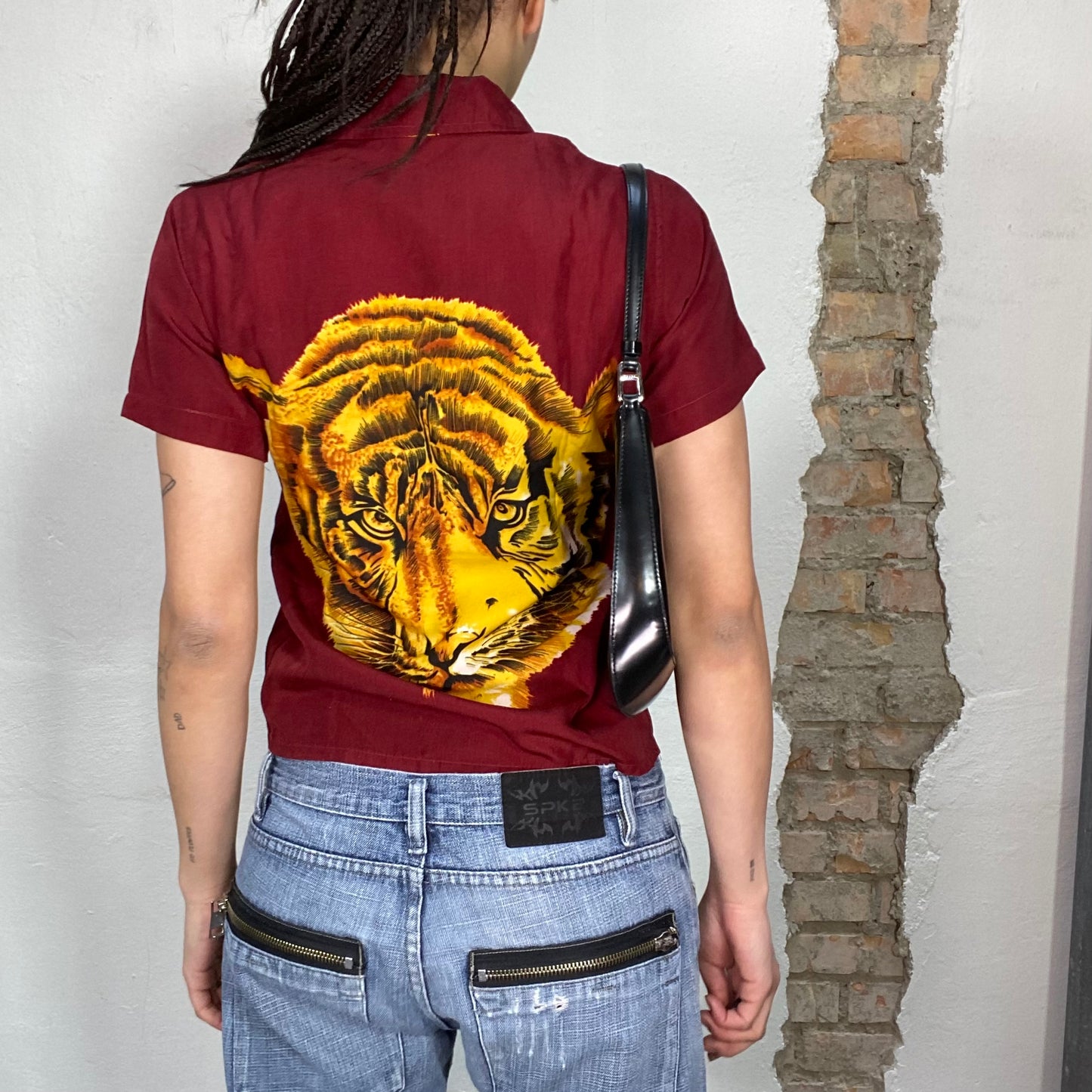 Vintage 90's Funky Bordeaux Red Button Up with Tiger Print (M)