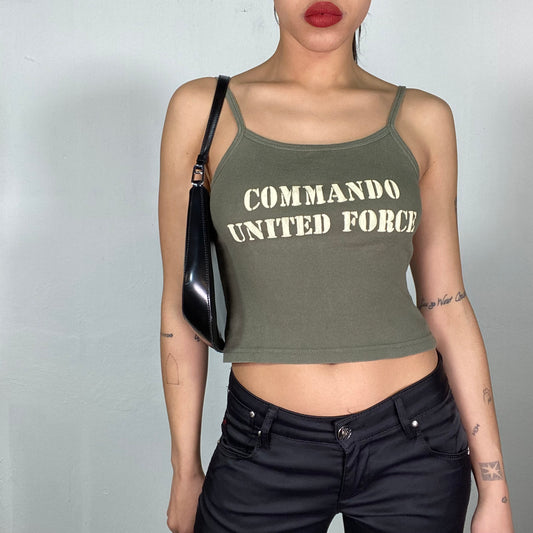 Vintage 90's Military Khaki Crop Top with 'Commando United Force' Print (S)