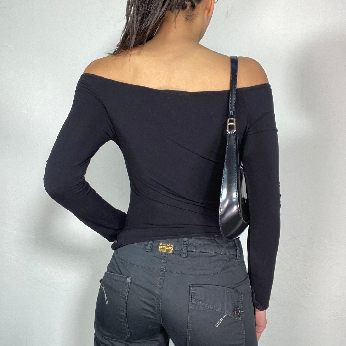 Vintage 90's Model Off Duty Black Off Shoulder Top with Buckle Detail (S)