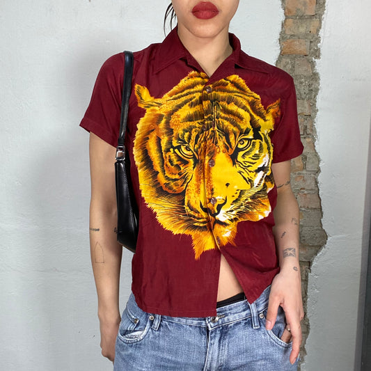 Vintage 90's Funky Bordeaux Red Button Up with Tiger Print (M)