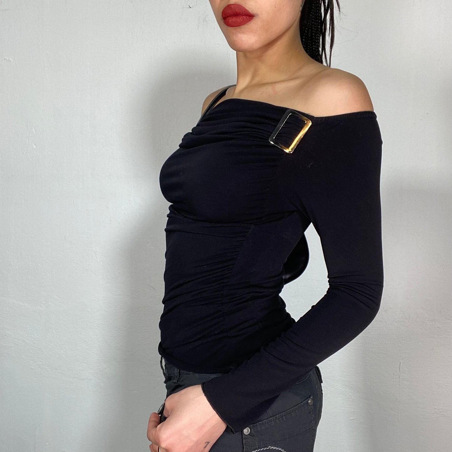 Vintage 90's Model Off Duty Black Off Shoulder Top with Buckle Detail (S)