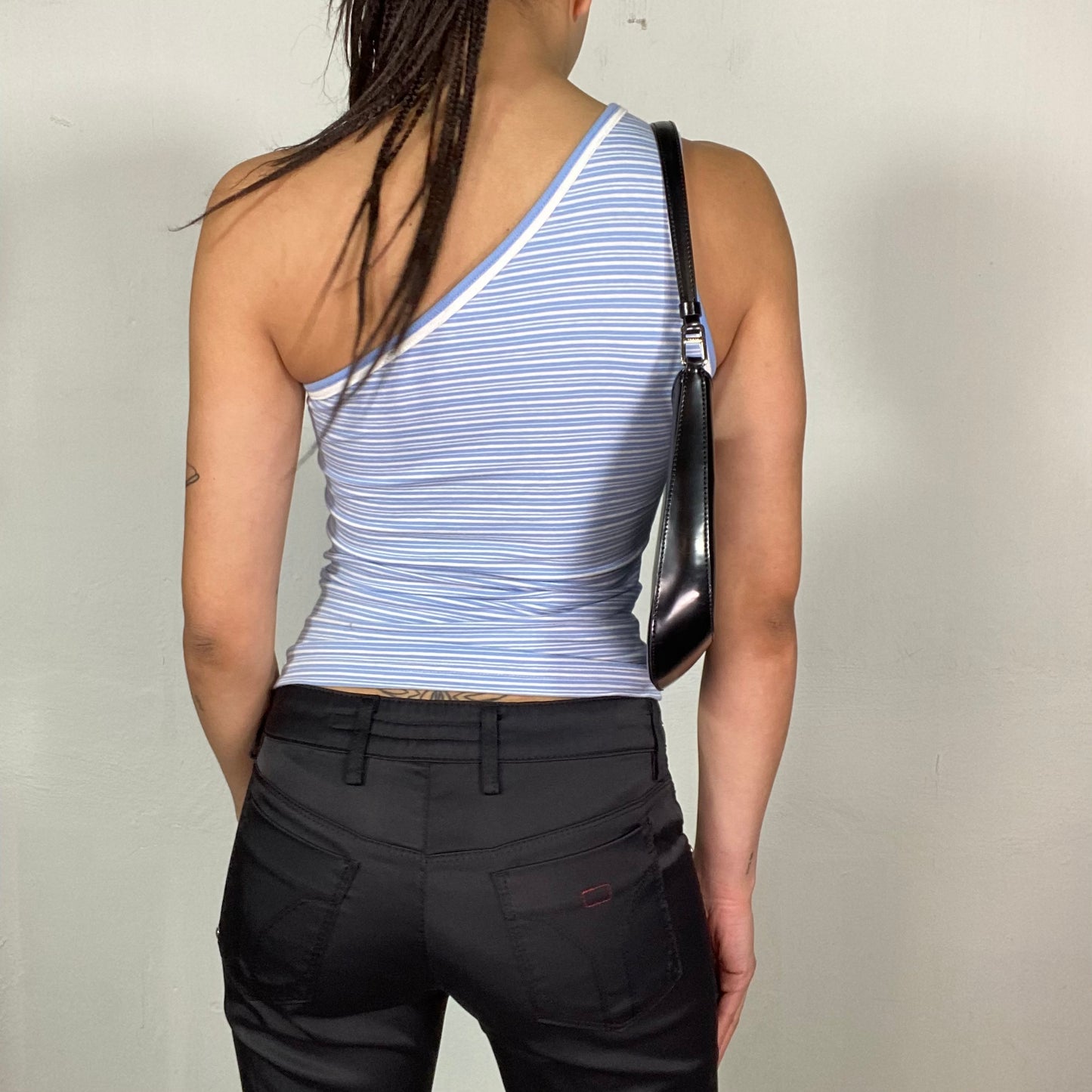 Vintage 2000's Skater Blue Stripe One Shoulder top with 'Kookaï' Print (S)