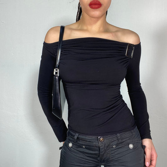 Vintage 90's Model Off Duty Black Off Shoulder Top with Buckle Detail (S)