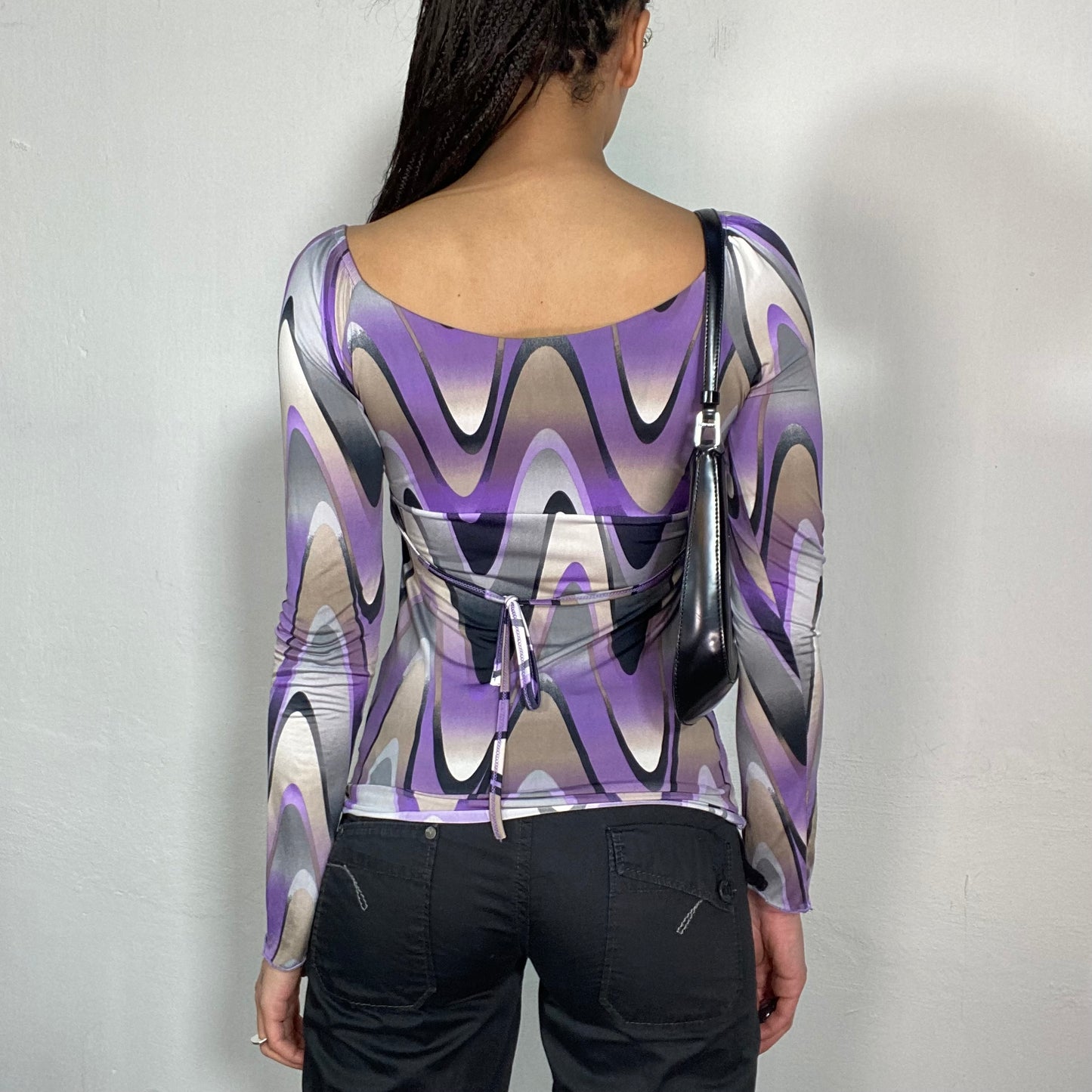 Vintage 2000's Funky Purple Swirly Top with Buckel and Halter Neck Detail (S)