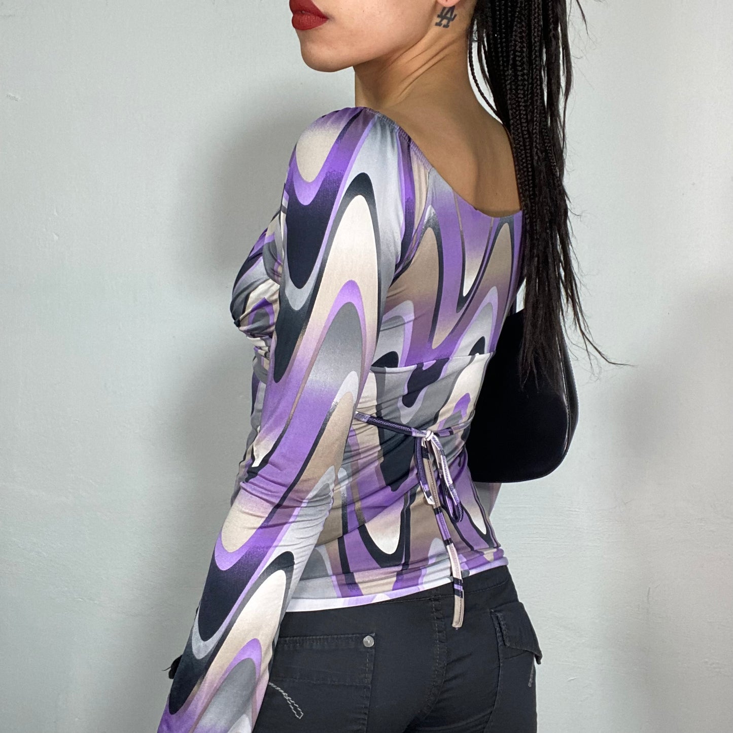 Vintage 2000's Funky Purple Swirly Top with Buckel and Halter Neck Detail (S)