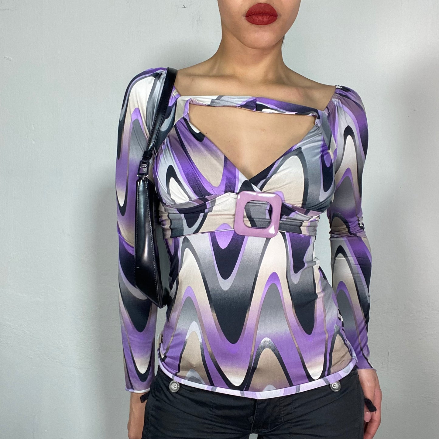 Vintage 2000's Funky Purple Swirly Top with Buckel and Halter Neck Detail (S)