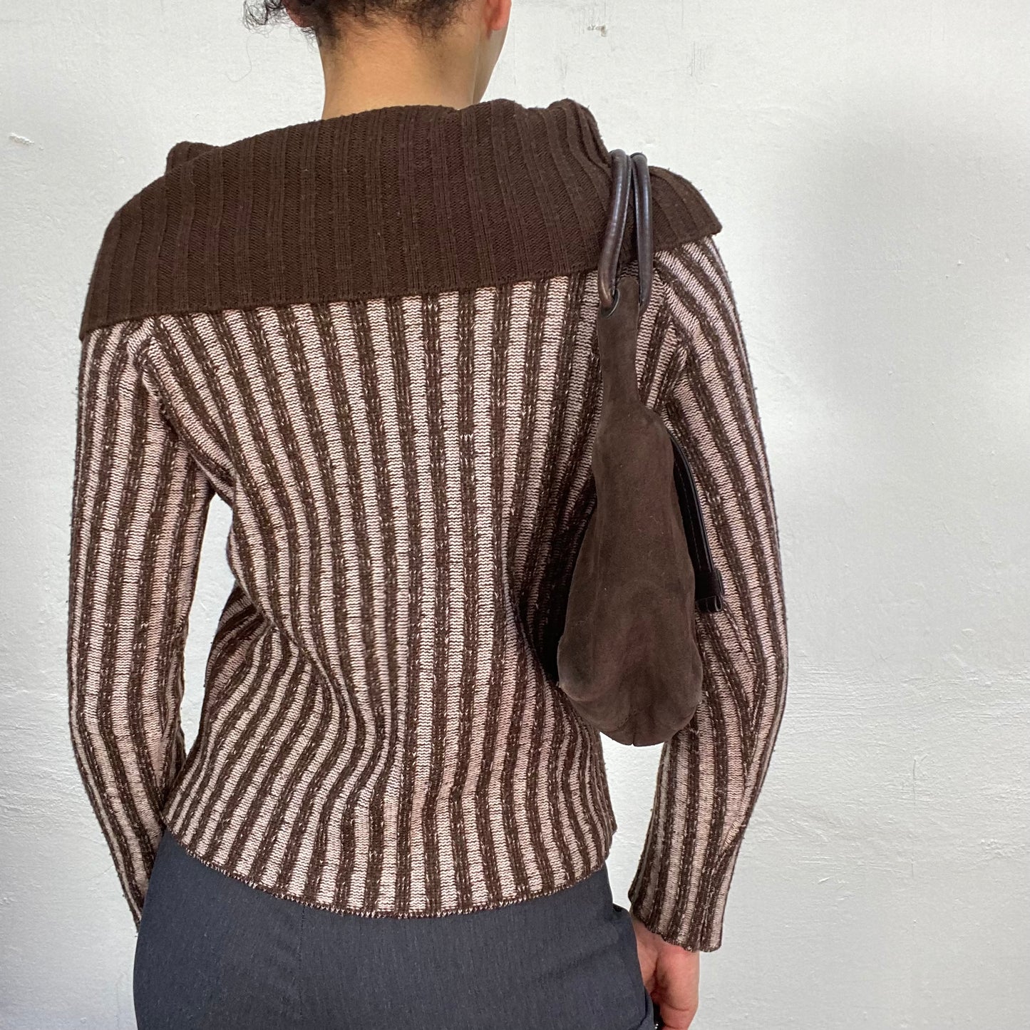 Vintage 90's Whimsigoth Brown Off Shoulder Striped Knit Sweater (S)