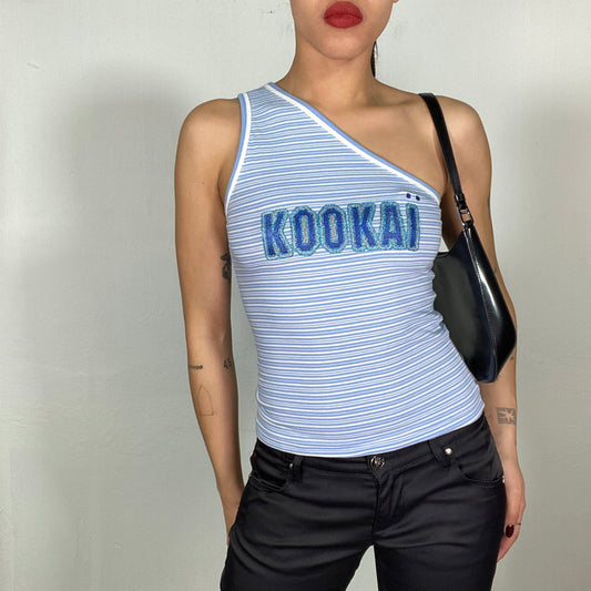 Vintage 2000's Skater Blue Stripe One Shoulder top with 'Kookaï' Print (S)