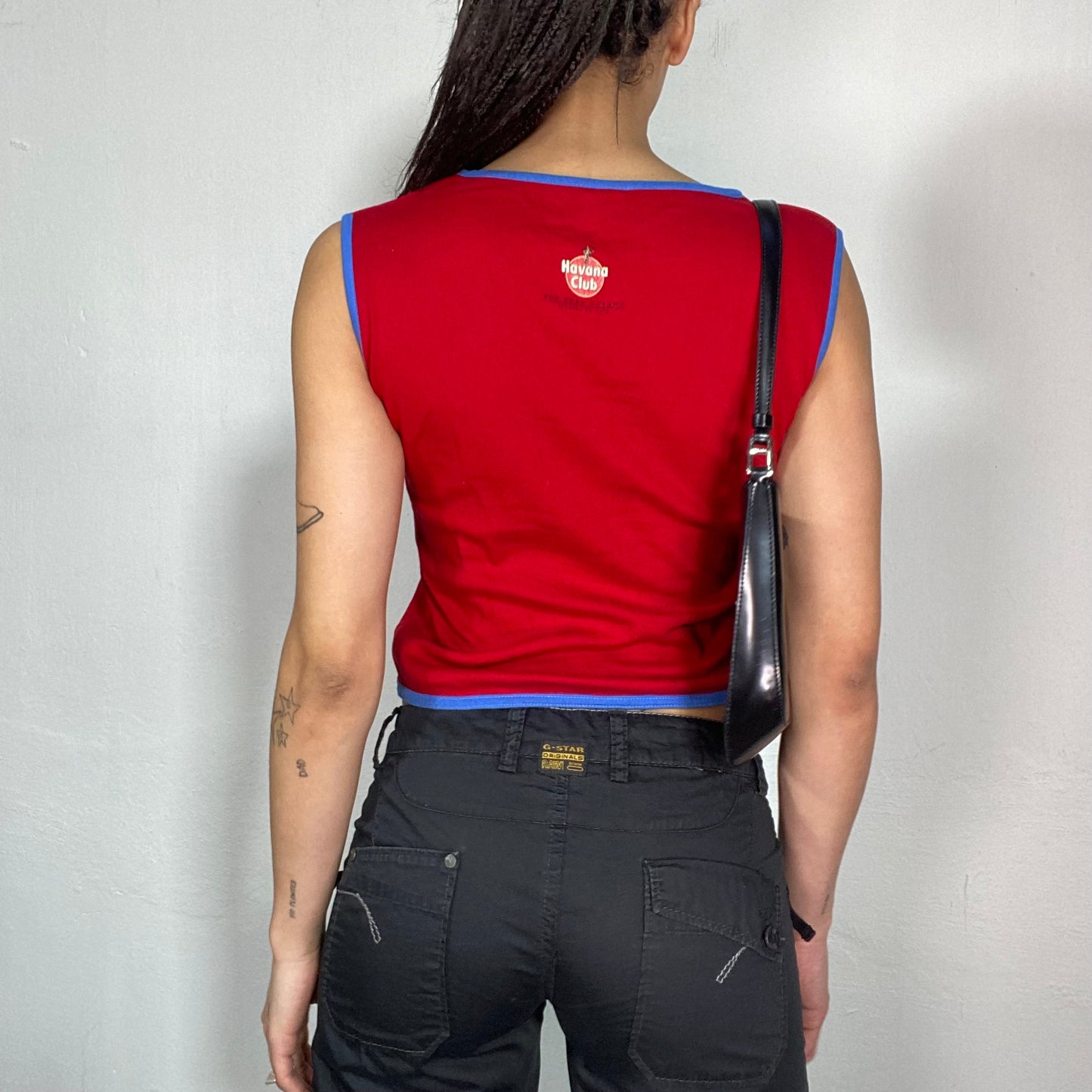 Vintage 2000's Sporty Red Tank Top with 'Havana Club' Print and Blue Trim (S/M)