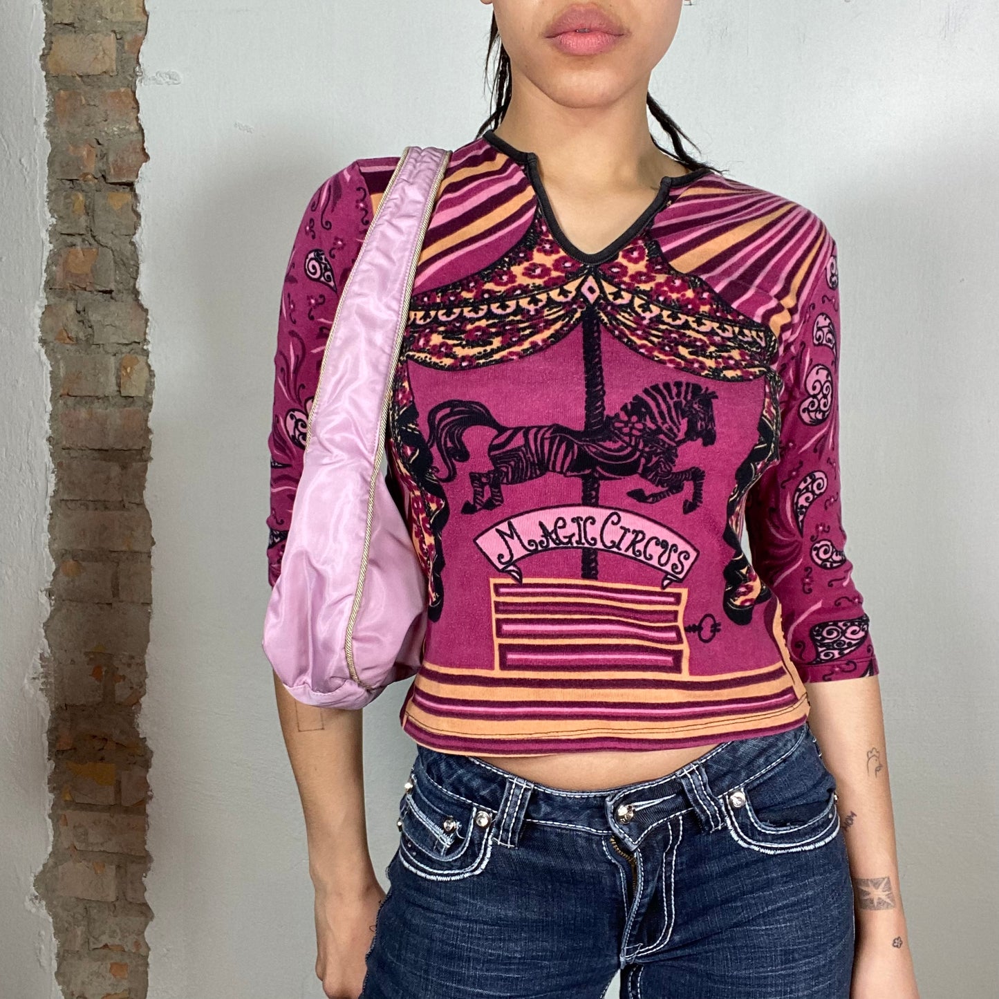 Vintage 2000's Funky Purple Midi Sleeve Top with Circus Print (S)