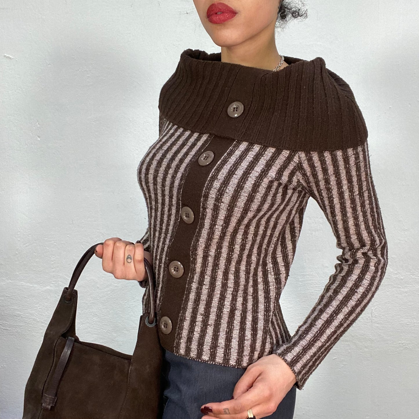 Vintage 90's Whimsigoth Brown Off Shoulder Striped Knit Sweater (S)