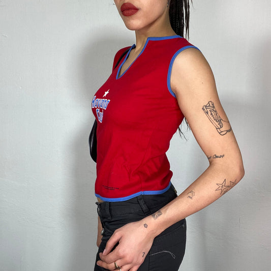 Vintage 2000's Sporty Red Tank Top with 'Havana Club' Print and Blue Trim (S/M)