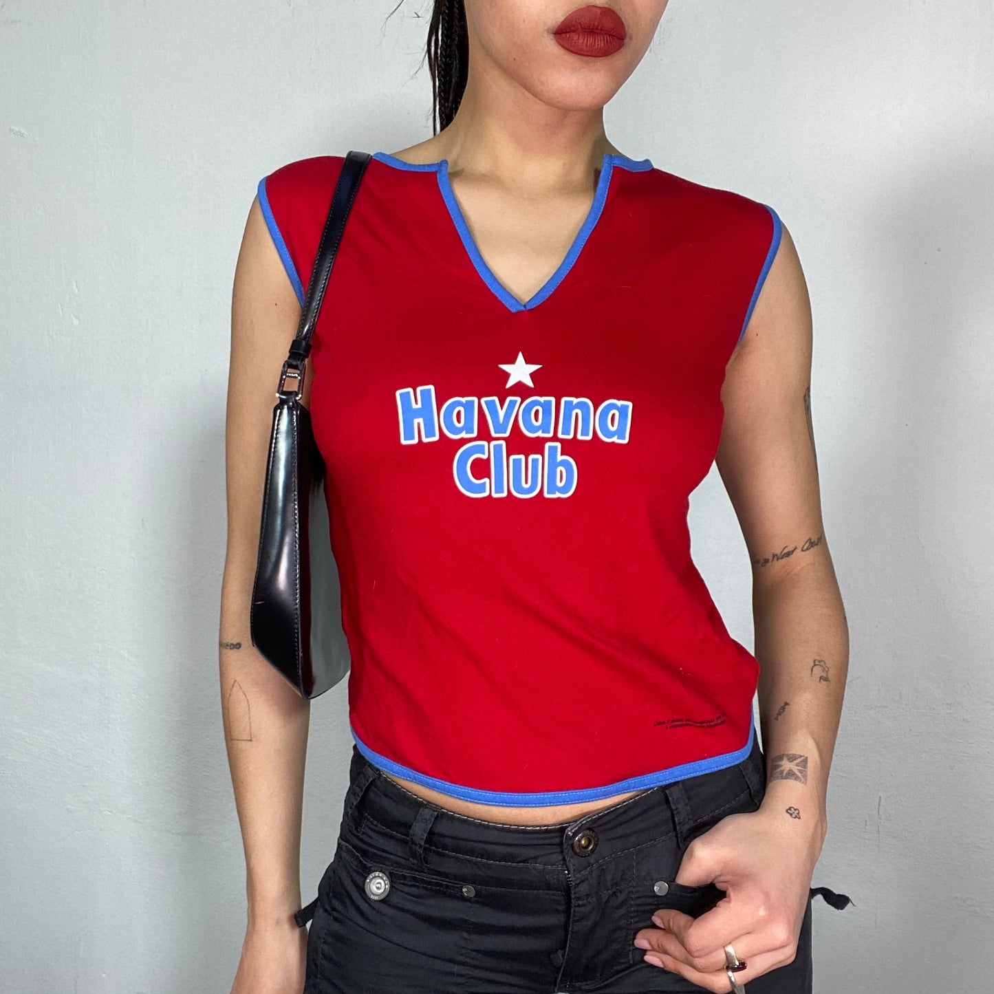 Vintage 2000's Sporty Red Tank Top with 'Havana Club' Print and Blue Trim (S/M)