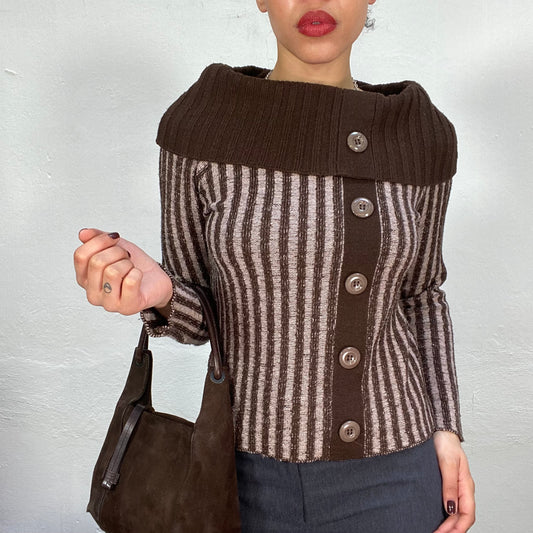 Vintage 90's Whimsigoth Brown Off Shoulder Striped Knit Sweater (S)