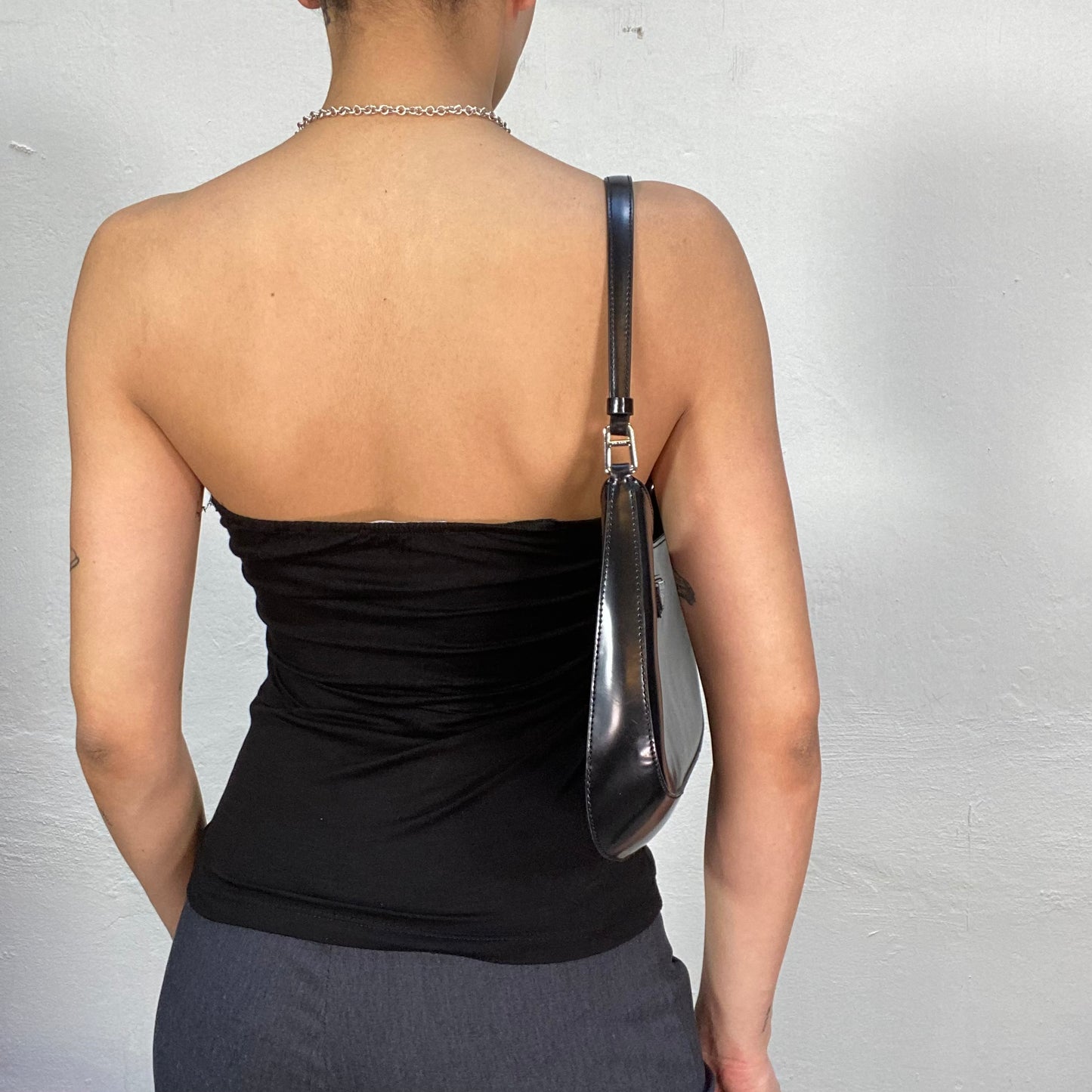 Vintage 2000's Gothic Black Strapless Top with Lace Layered Neckline (M)