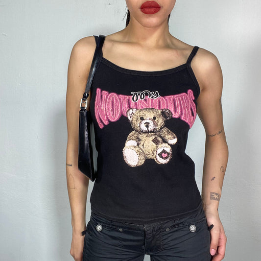 Vintage 2000's Soft Girl Black Top with 'My Nounours' and Teddy Print (S/M)