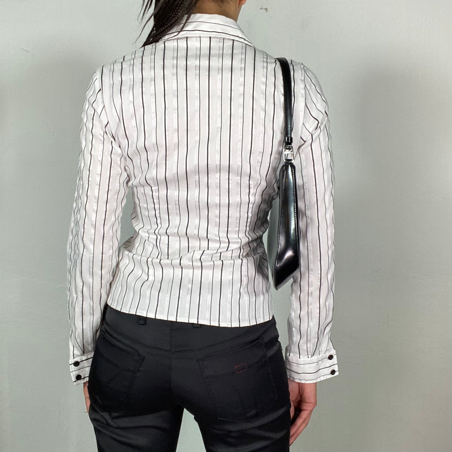 Vintage 2000's Morgan De Toi White Pinstripe Blouse with Buckle Detail (S)