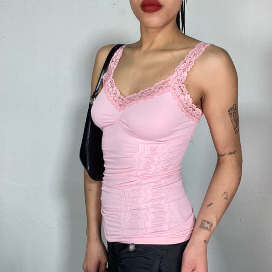 Vintage 2000's Soft Girl Baby Pink Cami To with Lace Trim and Sculpting Details (S)