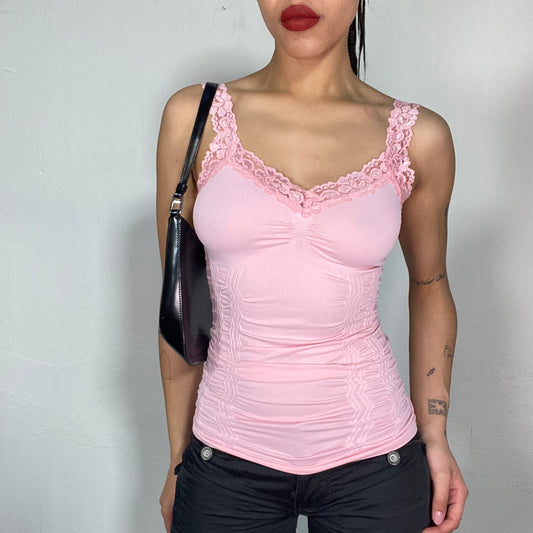 Vintage 2000's Soft Girl Baby Pink Cami To with Lace Trim and Sculpting Details (S)