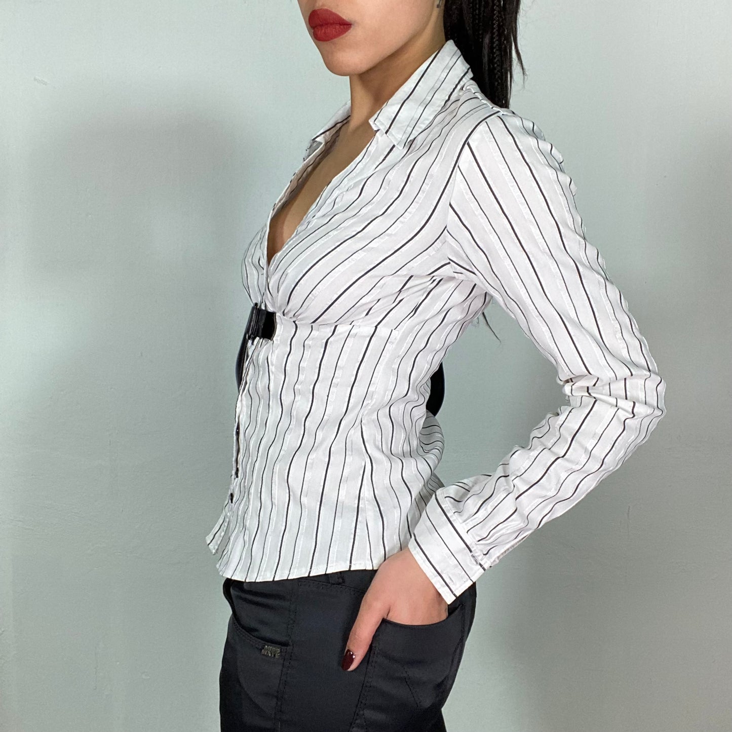 Vintage 2000's Morgan De Toi White Pinstripe Blouse with Buckle Detail (S)