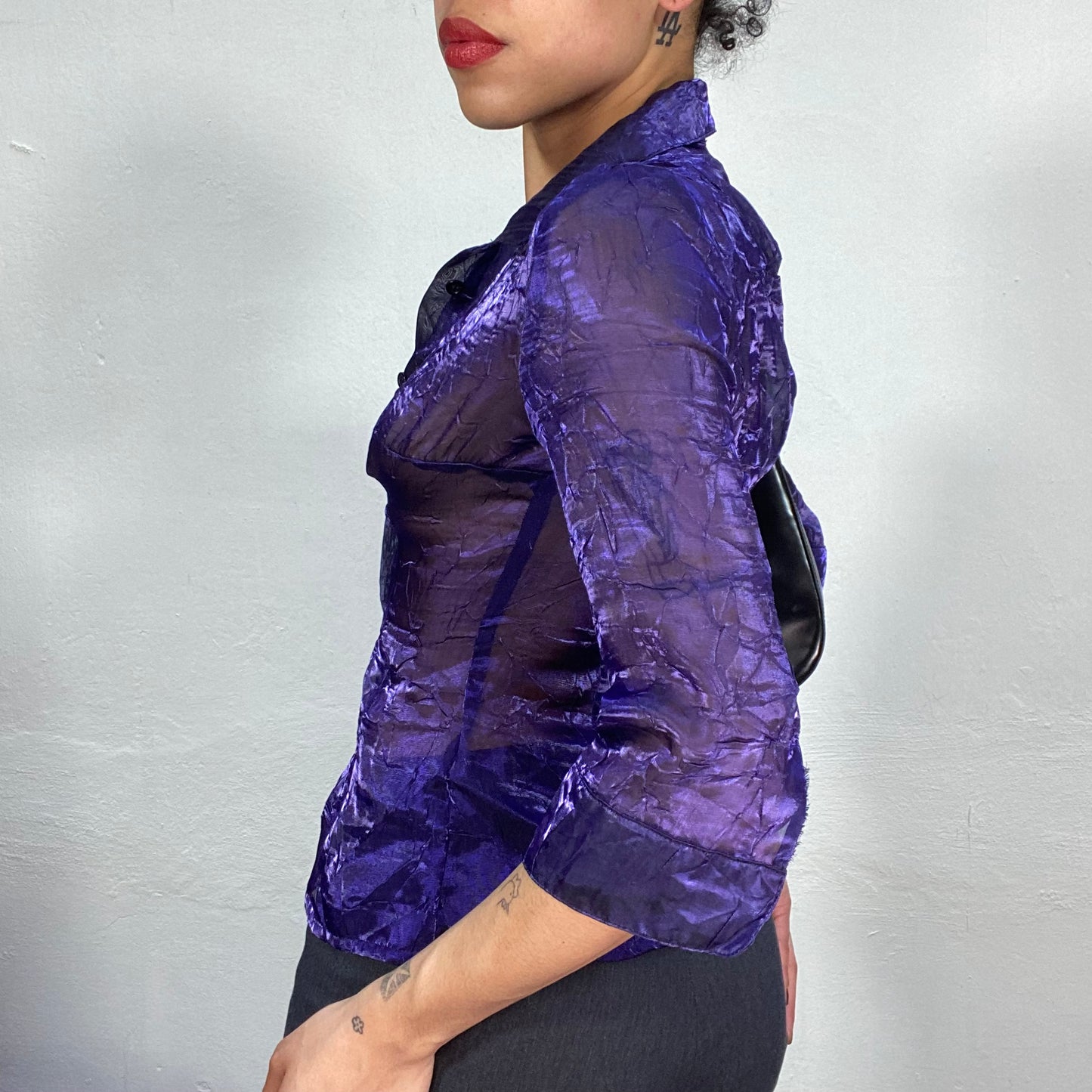 Vintage 90's Archive Purple Shimmery Mesh Blouse with Wrinkle Look (S)