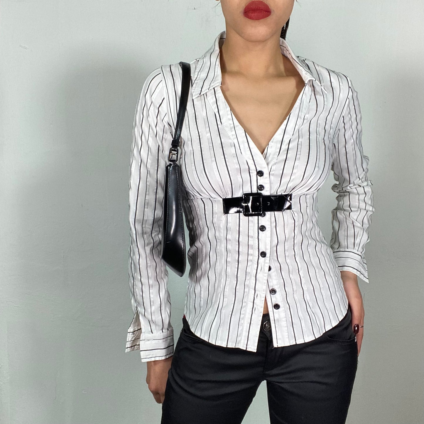 Vintage 2000's Morgan De Toi White Pinstripe Blouse with Buckle Detail (S)