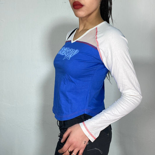 Vintage 2000's Sporty Blue and White Longsleebe with Net Shoulder Detail (S/M)