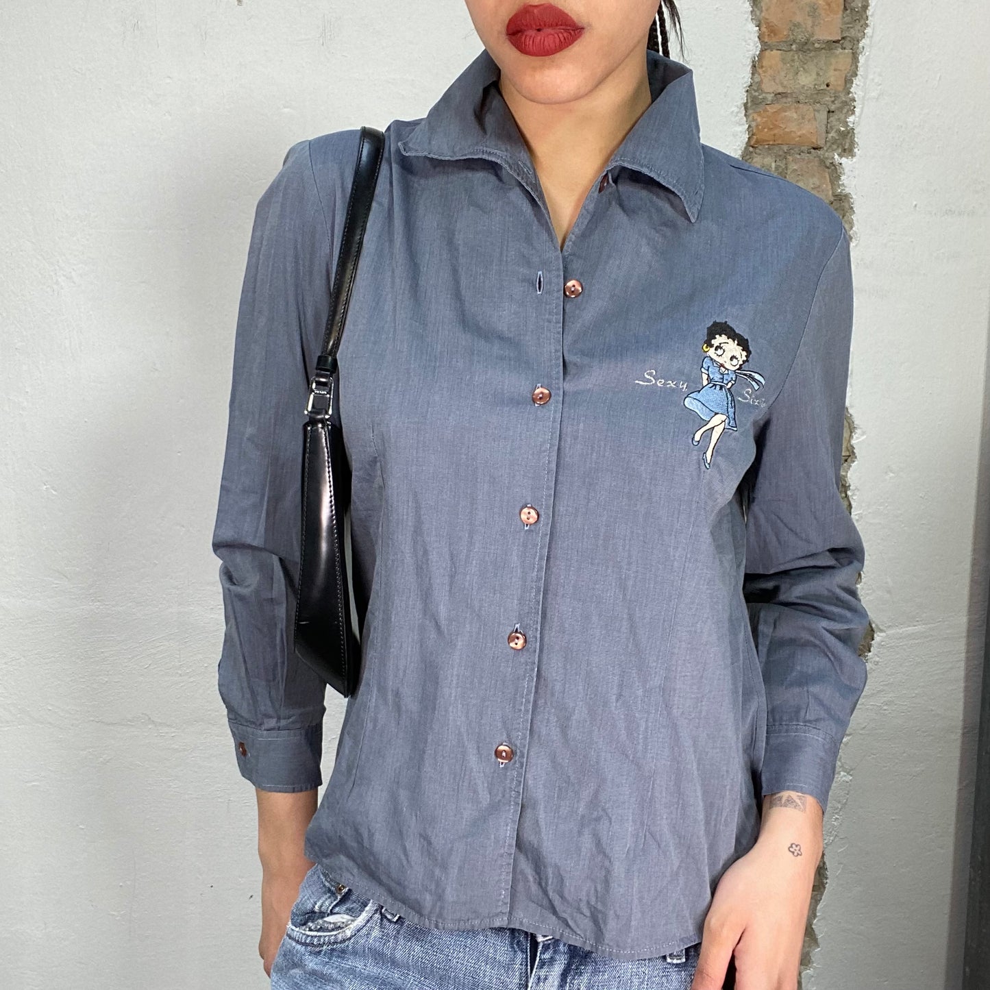 Vintage 90's Betty Boop Grey Button Up with Betty Embroidery (S)